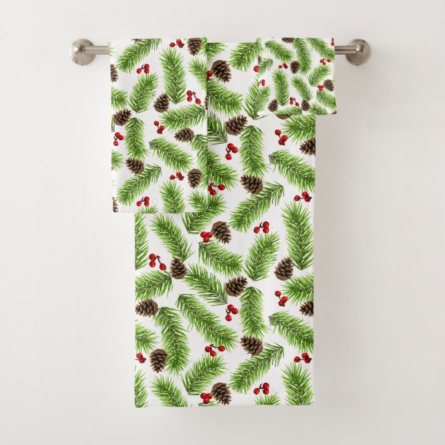 Christmas Pine Leaves, Cones and Berries on White Bath Towel Set (Insitu)