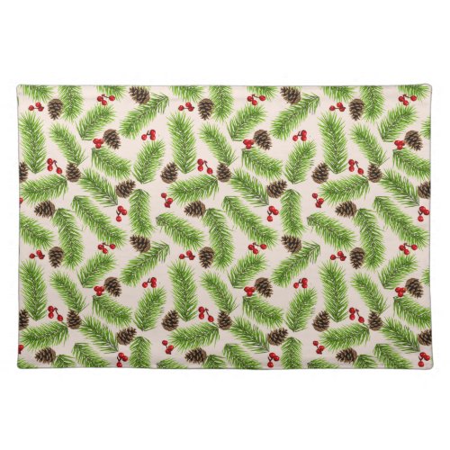 Christmas Pine Leaves Cones  Berries on Beige Cloth Placemat