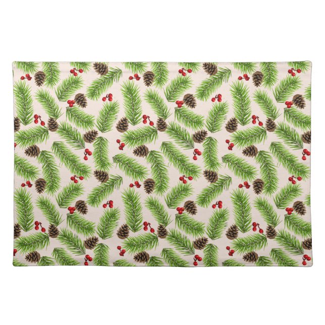 Christmas Pine Leaves, Cones & Berries on Beige Cloth Placemat (Front)