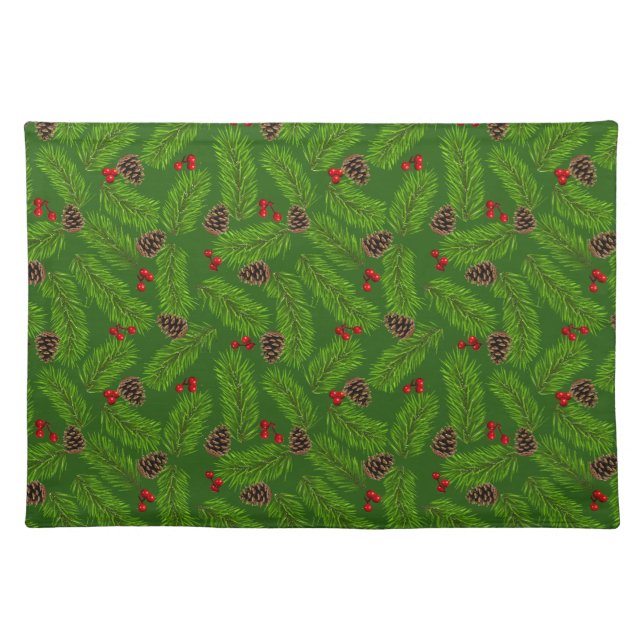 Christmas Pine Leaves, Cones & Berries on Green Cloth Placemat (Front)