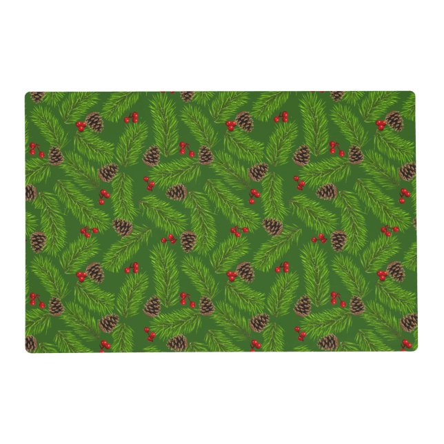 Christmas Pine Leaves, Cones & Berries on Green Placemat (Front)