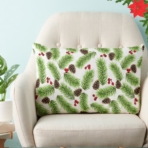 Christmas Pine Leaves Cones  Berries on White Lumbar Pillow