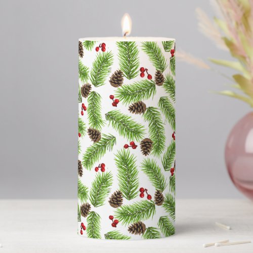 Christmas Pine Leaves Cones  Berries on White Pillar Candle