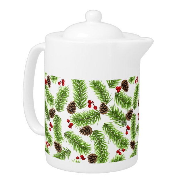 Christmas Pine Leaves, Cones & Berries Teapot (Left)