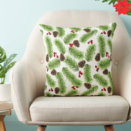 Christmas Pine Leaves Cones  Red Berries Throw Pillow