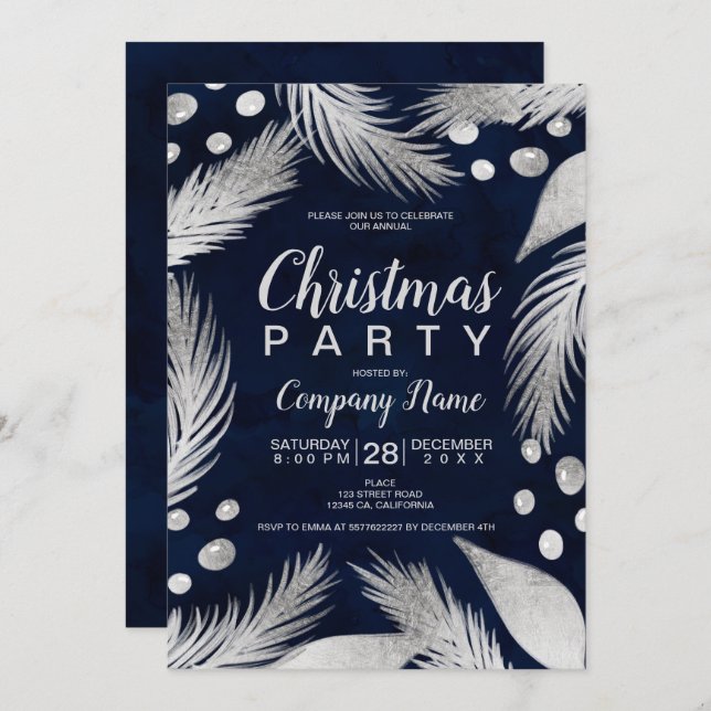 Christmas pine mistletoe chic silver corporate invitation (Front/Back)