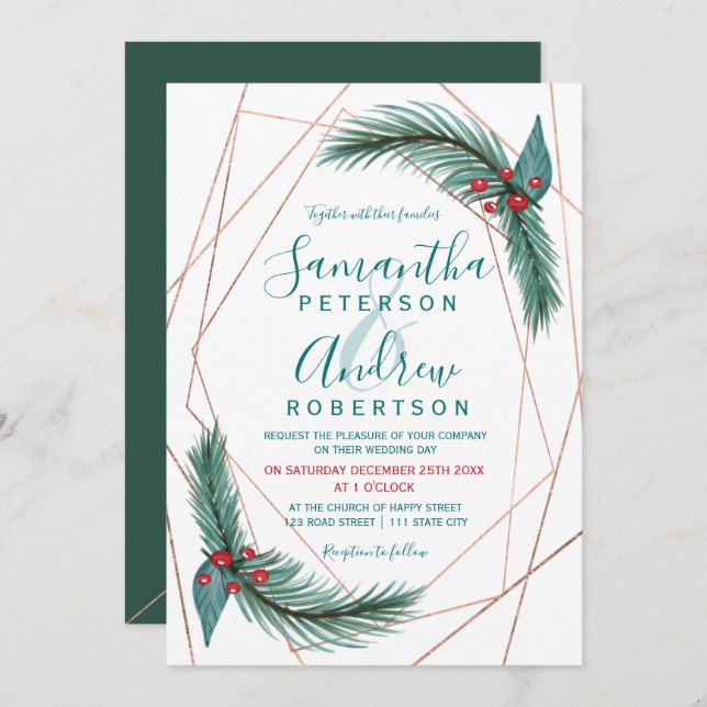 Christmas pine mistletoe frame rose gold wedding invitation (Front/Back)