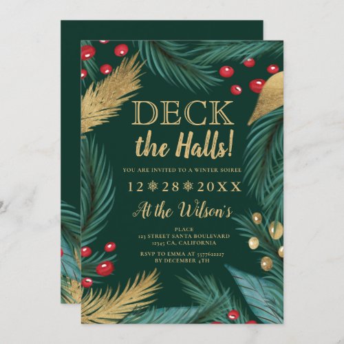Christmas pine mistletoe gold chic deck the halls invitation