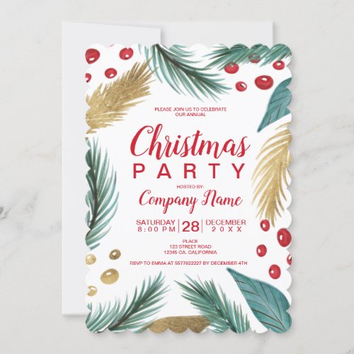 Christmas pine mistletoe gold watercolor corporate invitation