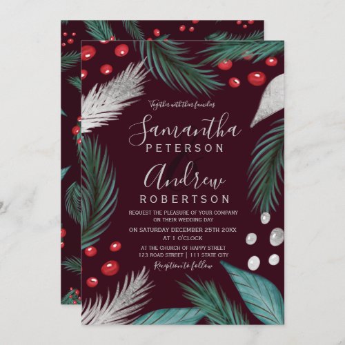 Christmas pine mistletoe silver burgundy wedding invitation