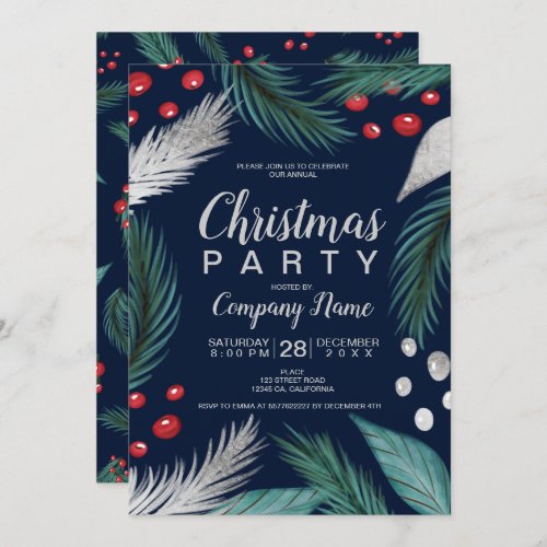Christmas pine mistletoe silver corporate party invitation