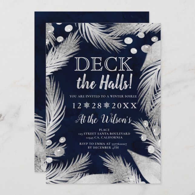 Christmas pine mistletoe silver deck the halls invitation (Front/Back)