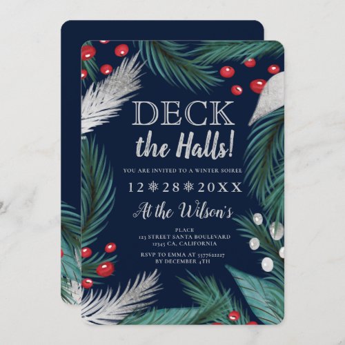 Christmas pine mistletoe silver deck the halls invitation