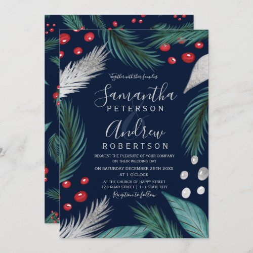 Christmas pine mistletoe silver navy wedding invitation