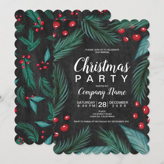 Christmas pine mistletoe watercolor chalkboard invitation (Front/Back)