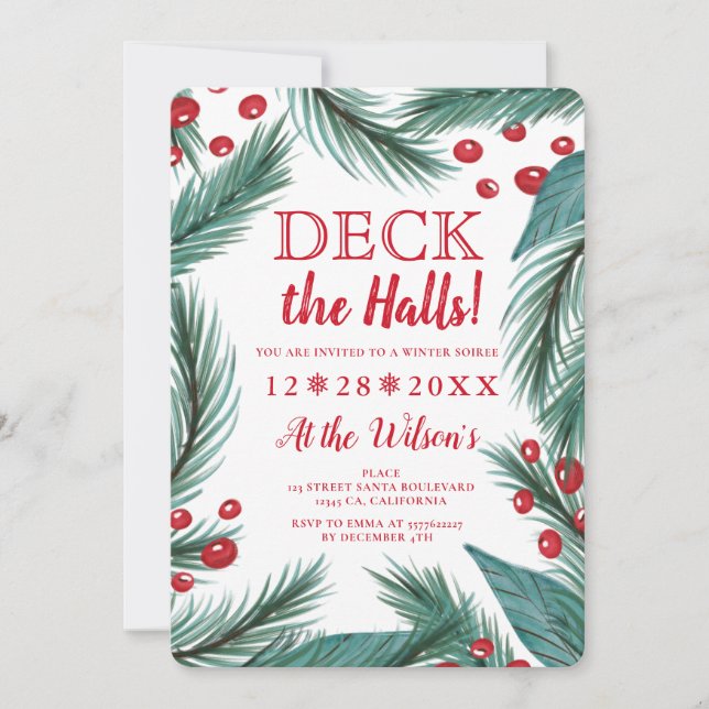 Christmas pine mistletoe watercolor deck the halls invitation (Front)