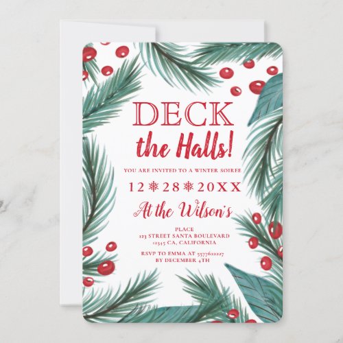 Christmas pine mistletoe watercolor deck the halls invitation