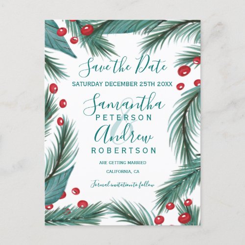 Christmas pine mistletoe watercolor save the date announcement postcard
