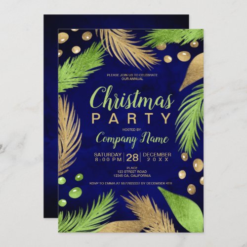 Christmas pine navy green gold corporate invitation