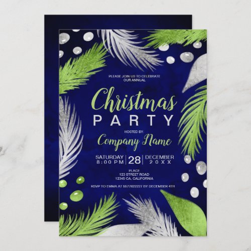 Christmas pine navy green silver corporate invitation