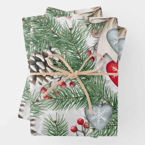 Christmas Pine Needles and Snowy Pine Cones Wrapping Paper Sheets