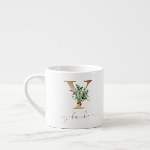 Christmas Pine Red Berries Gold Monogram Y Espresso Cup