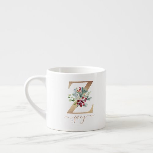 Christmas Pine Red Berries Gold Monogram Z Espresso Cup