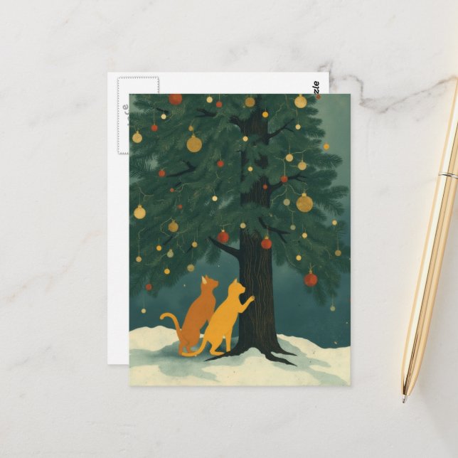 Christmas Pine Tree and Two Ginger Kitties Postcard (Front/Back In Situ)