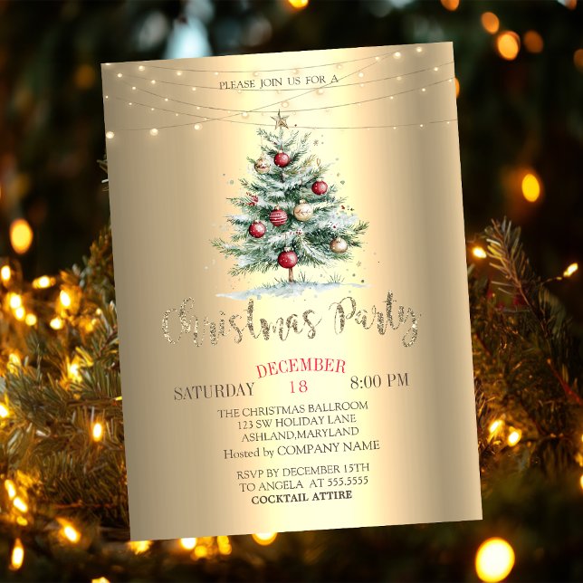 Christmas Pine Tree Balls, Gold Christmas Company  Invitation (Creator Uploaded)