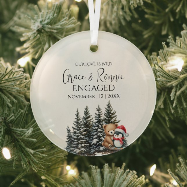 Christmas Pine Tree Bear Penguin Couple Engagement Glass Ornament (Insitu)