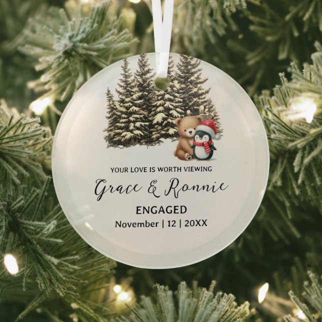 Christmas Pine Tree Bear Penguin Couple Engagement Glass Ornament (Insitu)