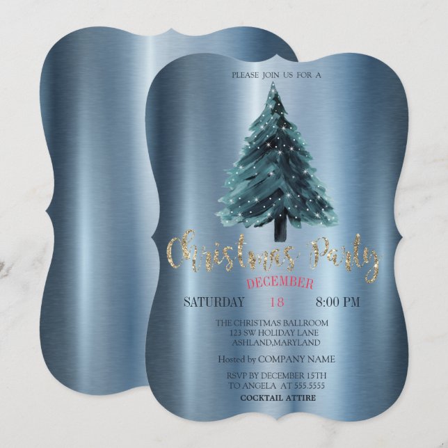 Christmas Pine Tree,Blue Metallic Company Party Invitation (Front/Back)