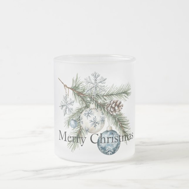 Christmas Pine Tree Branches Blue White Ornaments Frosted Glass Coffee Mug (Center)