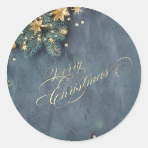 Christmas Pine Tree Branches, Merry Christmas Classic Round Sticker