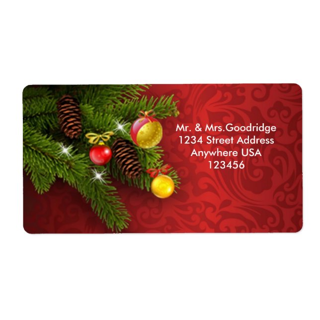 Christmas pine tree, cones and baubles label (Front)