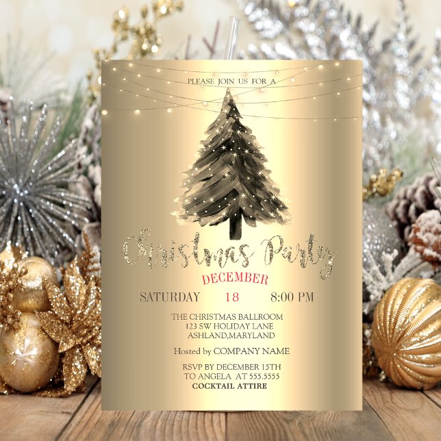 Christmas Pine Tree, Gold Christmas Company Party Invitation (Creator Uploaded)