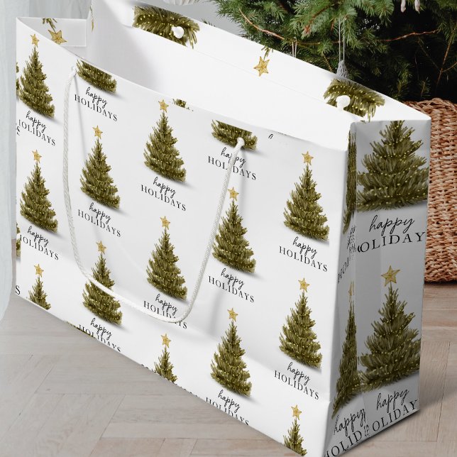Christmas Pine Tree Happy Holidays Typograpy  Large Gift Bag (Creator Uploaded)