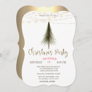 Christmas Pine Tree,Lights Gold Christmas Party Invitation