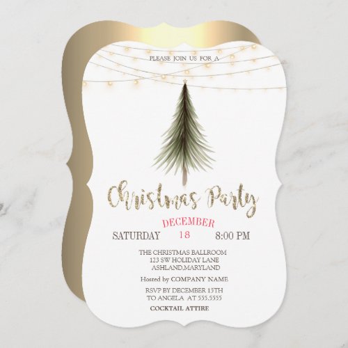 Christmas Pine TreeLights Gold Christmas Party  Invitation