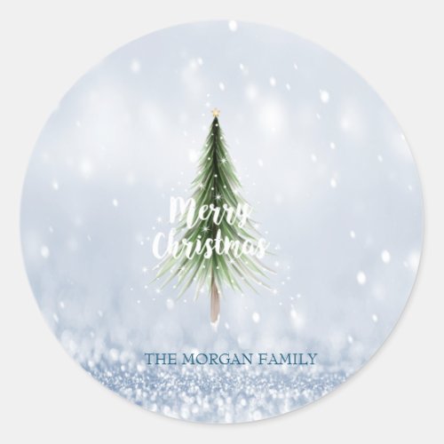 Christmas Pine Tree Merry Christmas Blue Holiday Classic Round Sticker