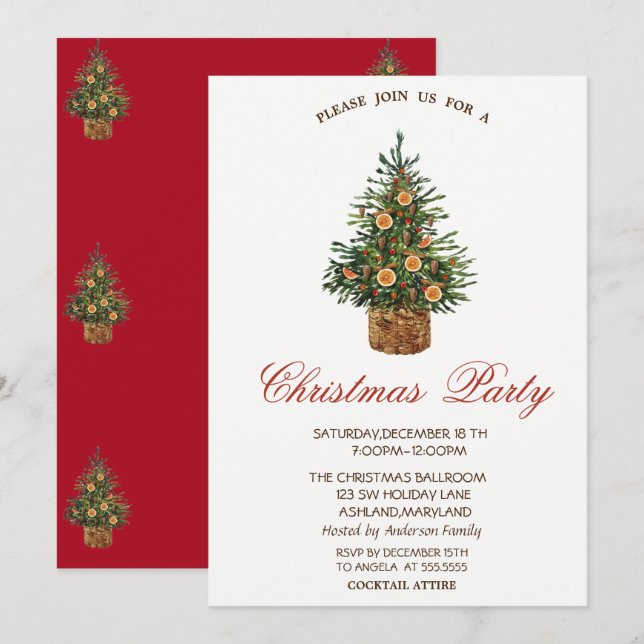 Christmas Pine Tree Orange Red Christmas Party Invitation (Front/Back)