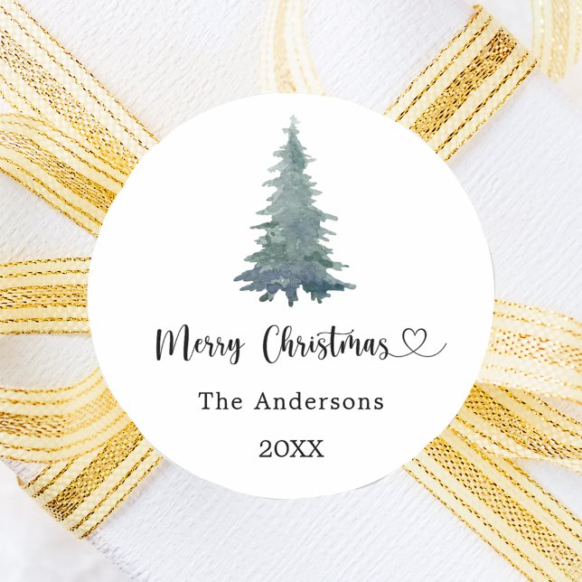 Christmas pine tree simple script classic round sticker (Creator Uploaded)