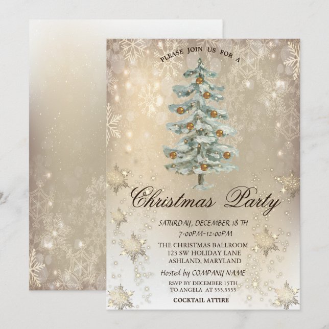 Christmas Pine Tree Snowflakes Gold Party  Invitation (Front/Back)