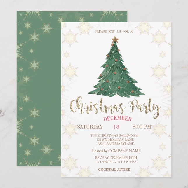  Christmas Pine Tree,Snowflakes Green Company  Invitation (Front/Back)