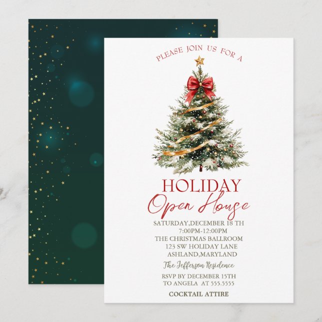 Christmas Pine Tree Stars Green Holiday Open House Invitation (Front/Back)