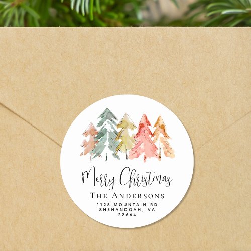 Christmas Pine Tree Watercolor Return Address Classic Round Sticker