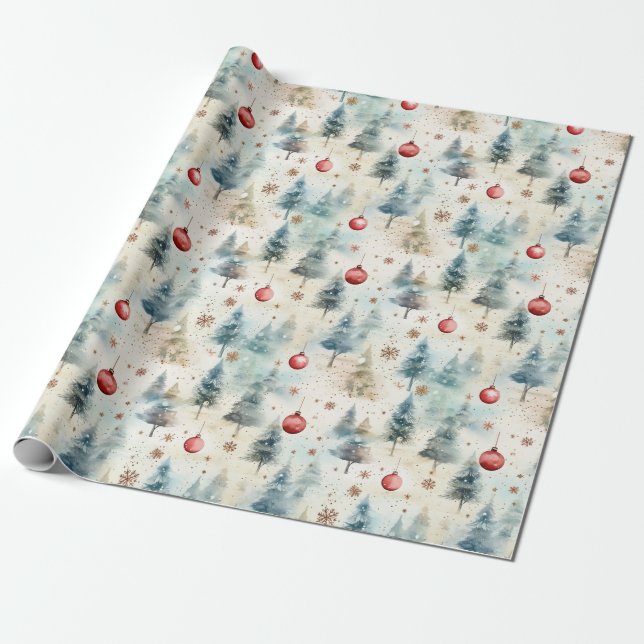 Christmas Pine Trees and Ornaments Wrapping Paper (Unrolled)