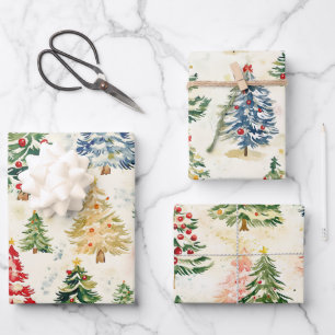 Christmas Pine Trees Colorful Wrapping Paper Sheet