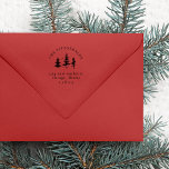 Christmas Pine Trees Family Name Return Address Rubber Stamp<br><div class="desc">Make your mark with our Wooden Stamp. Your family name gracefully arches over three charming Christmas trees,  each adorned with stars. Below,  your return address details are presented in elegant serif typography. A festive addition to your stationery.</div>