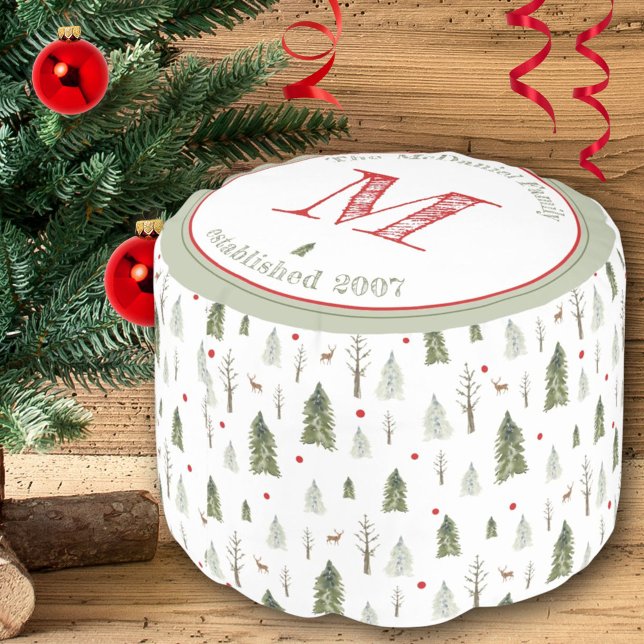 Christmas Pine Trees Green Red Monogram Holiday  Pouf (Christmas Pine Trees Green Red Monogram Holiday Pouf)